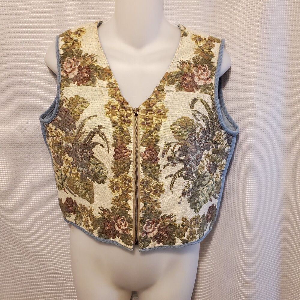 Vintage Womens Full Zip Denim Tapestry Tank Top Sz 8 Hippie Boho Cottage Core